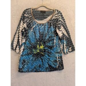 INVESTMENTS Womens Blue Floral Ruffle 3/4 Sleeve Scoop Neck‎ Top Shirt Size L